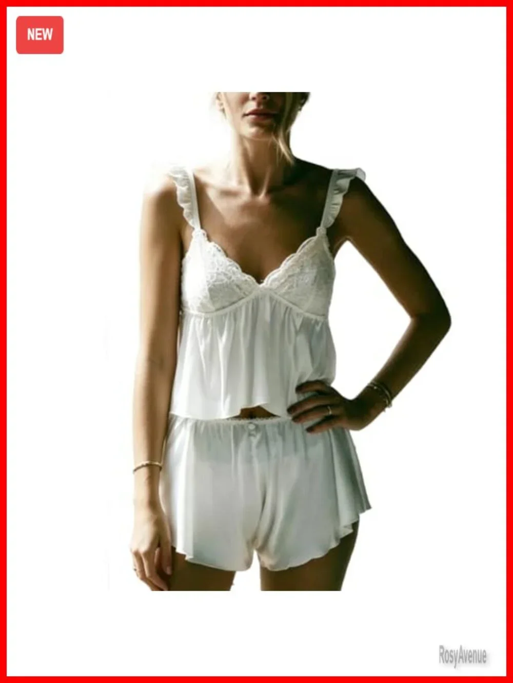 Satin Pajamas Set Lace Flying Sleeve V Neck Cami Ruffle Shorts Lounge